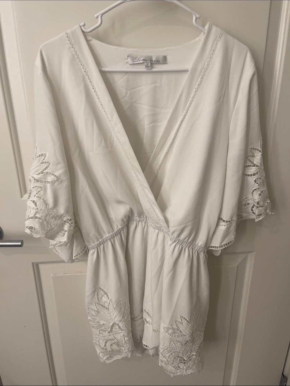 Lovers + Friends White Lace-Trim V-Neck Romper